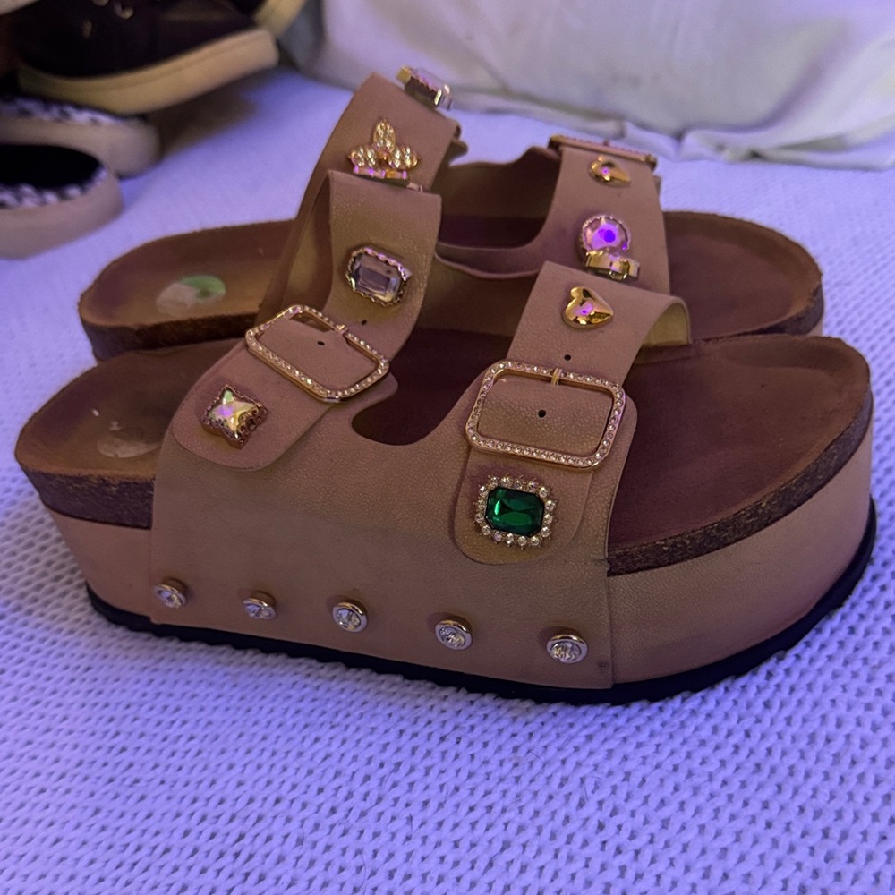 BAMBOO Tan Kids Sandals with Colorful Gem Accents